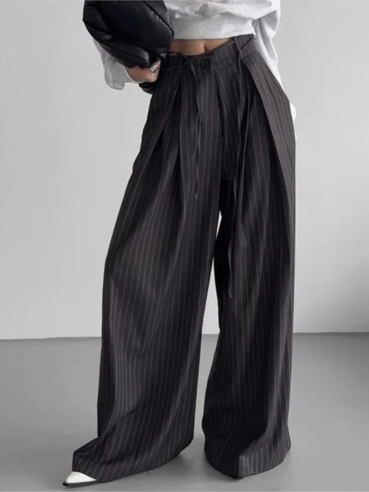 

Street Striped Trousers Loose Drapey Spring Casual Pocket Suit Pants Lace-up High-waisted Trousers For Women Pantalones De Mujer
