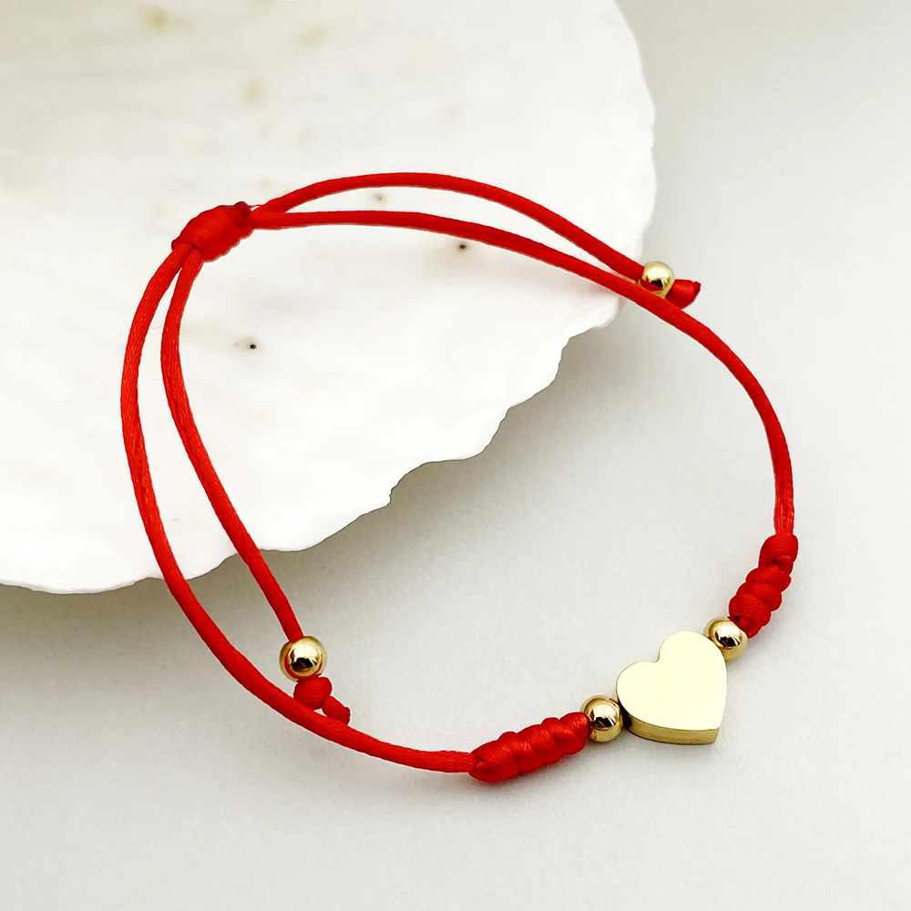May@RZ Heart Pendant Red Bracelet Romantic Simple Heart Adjustable Red Rope Braided Bracelet Stainless Steel Jewelry