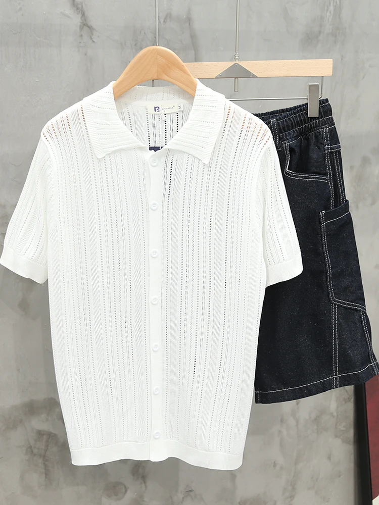 

Summer Ice Silk Hollow out Collar Open Cardigan ort Sve Knitted Top Men's Loose Fit Color Versatile Japanese Sle...