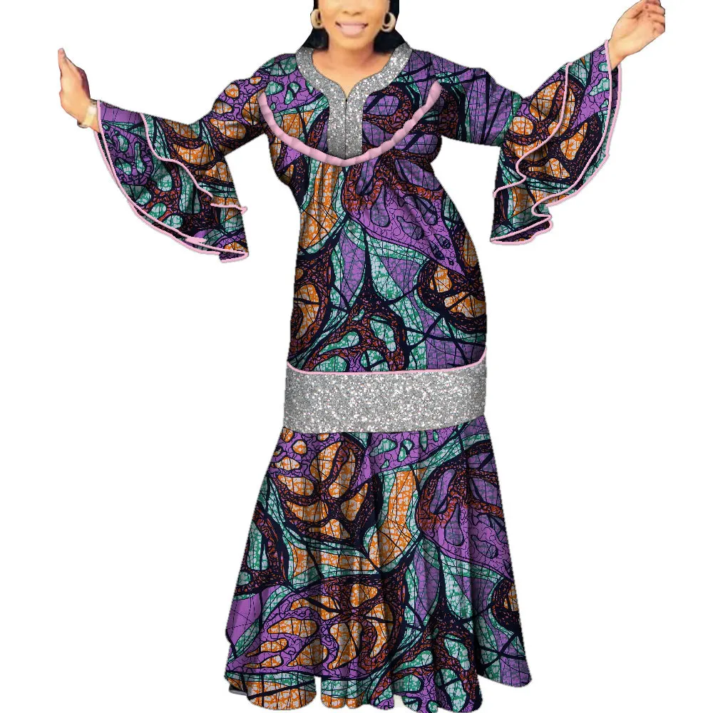 African Dresses for Women Elegant Long Flare Sleeve Sequin Long Maxi Dress Plus Size Evening Dress African Print Clothing WY1309