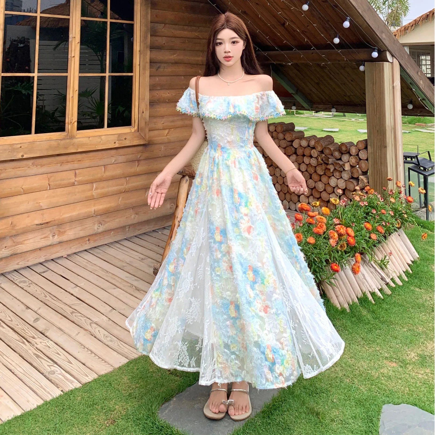 

French Floral Sweet Seaside Vacation Dress For Women Off The Shoulder Design Summer New Collection Waist Slimming Fairy Dresses
