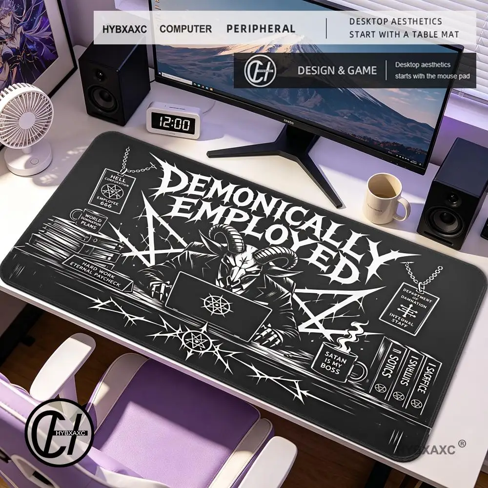 HYBXAXC Funny Gothic Desk Mat, Demonically Employed Baphomet Mouse Pad, Dark Aesthetic Gaming Desk Pad, Occult Goth Decor
