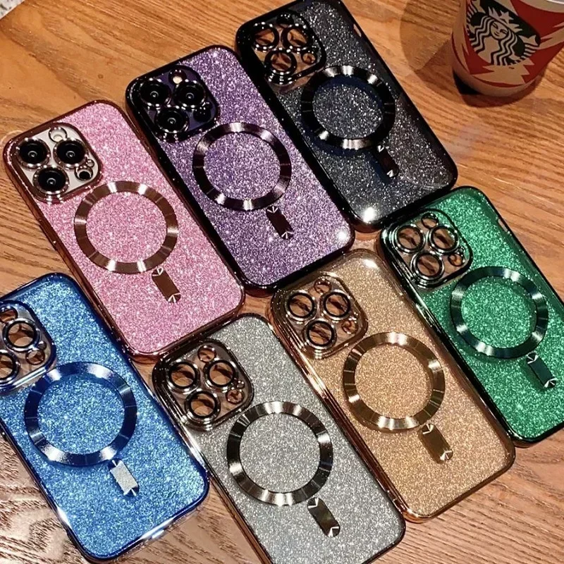 With Lens Protector Electroplate Phone Case For iPhone 15 14 11 12 13 Pro Max  For Magsafe Wireless Charge Bumper Glitter Cover