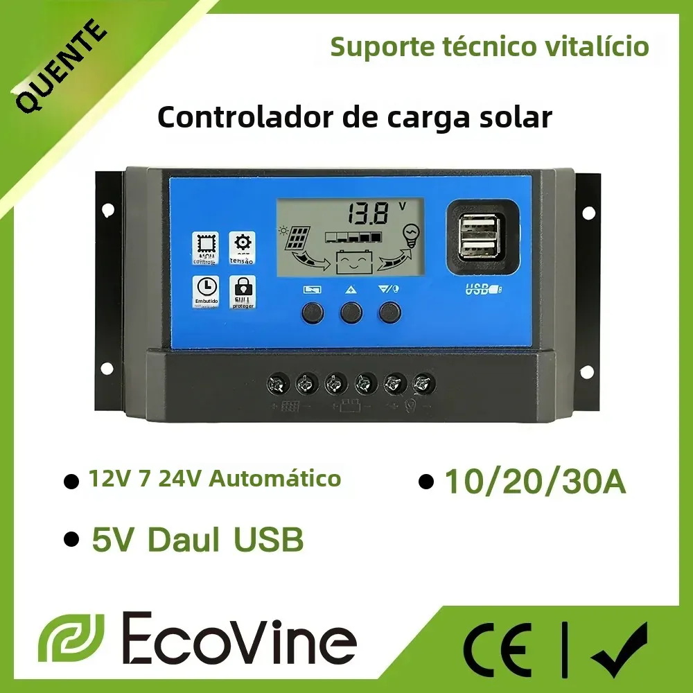 Controlador de Carga de Painel Solar 12V 24V PWM MPPT 10A 20A 30A, Regulador de Carregador de Bateria Automotiva com Saída USB 5V Máx. PV 50V DC