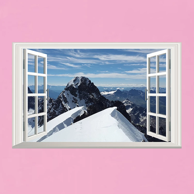 Endless Snow Mountains Scenery 3D Window Mural Stickers for Home Decorations Aesthetic Rooms Vinyl Wall Art Winter View Wallpape