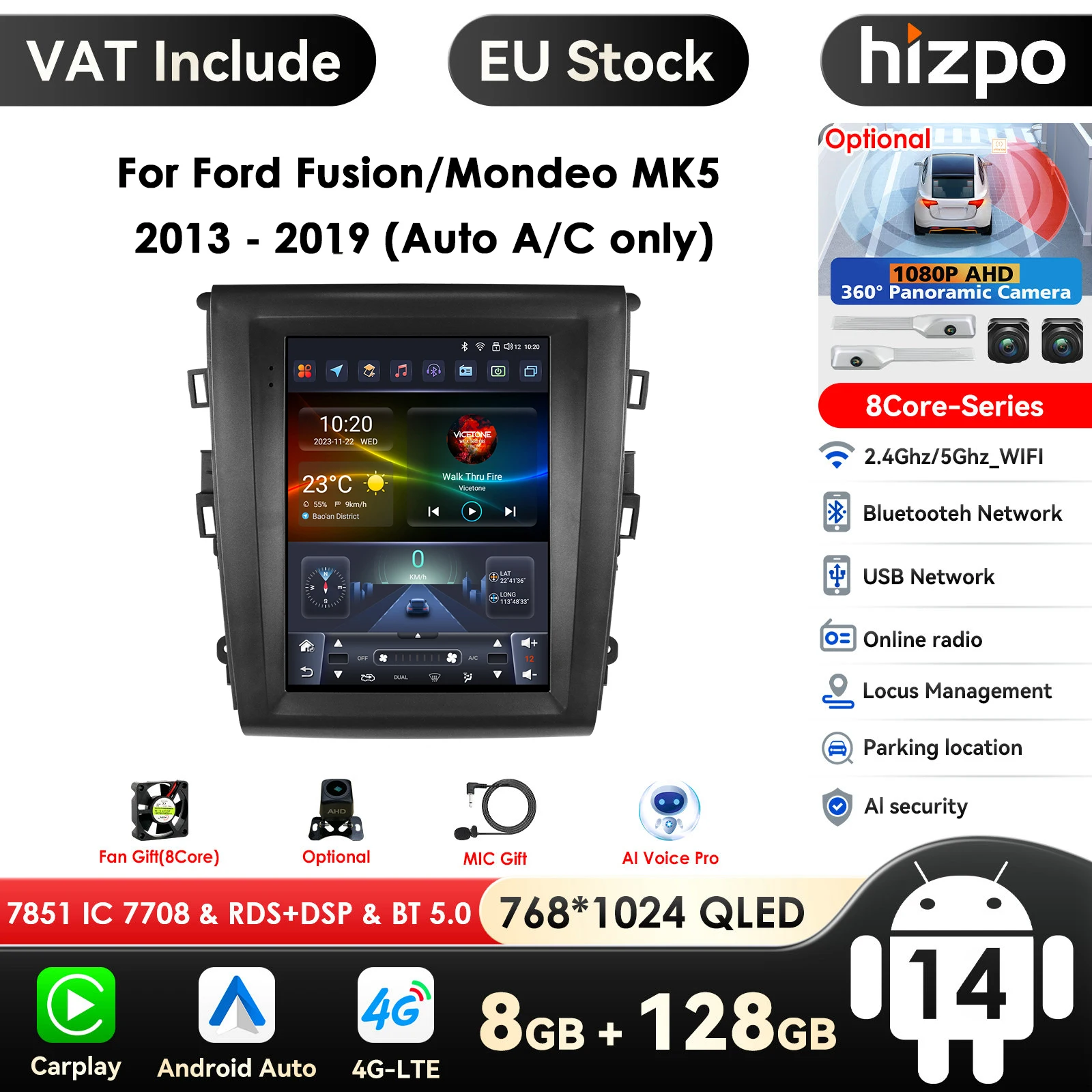 Hizpo 9.7 Carplay Android Autoradio per Ford Mondeo Mk5 Fusion 2013-2019 A/C Multimedia Video 2Din Unità principale Stereo