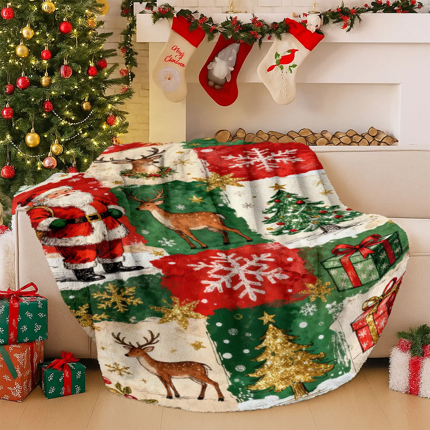 VIKAMA Christmas Santa Reindeer Snowflake Fleece Blanket Patchwork Soft Plush Throw Sofa Bed Xmas Holiday Decor Gift