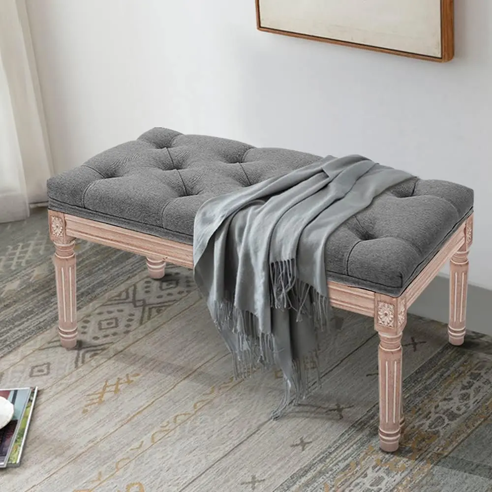 27 Inch Rectangular Ottoman Linen Polyester Fabric Gray Footstool for Living Room, Bedroom