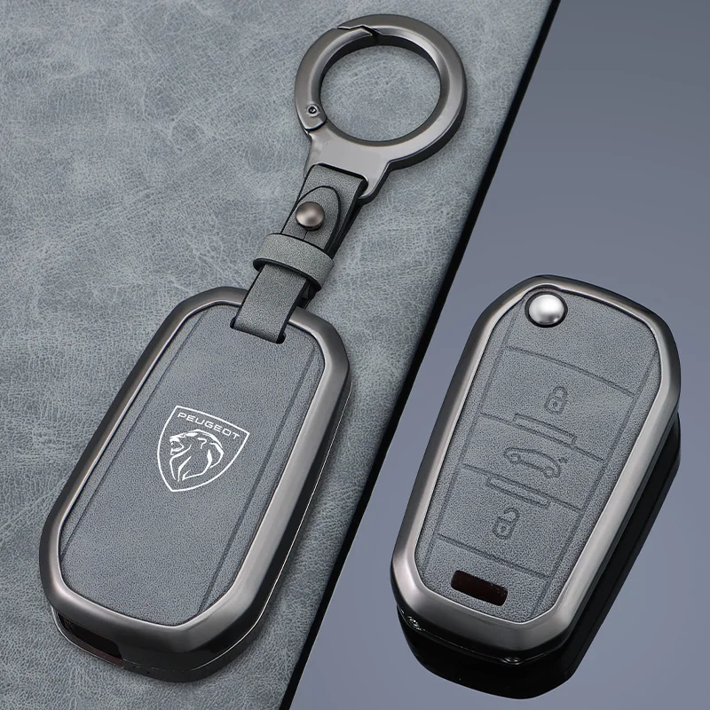 Zine Alloy Leather Car Key Case Full Cover Shell Holder Protection Fob For Peugeot 208 308 408 508 2008 3008 4008 5008 Accessory