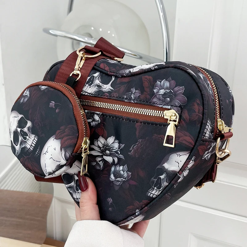 Borsa a tracolla a forma di cuore per donna borsa a tracolla Oxford con motivo teschio Punk Hip borsa da donna di tendenza con portamonete rotondo