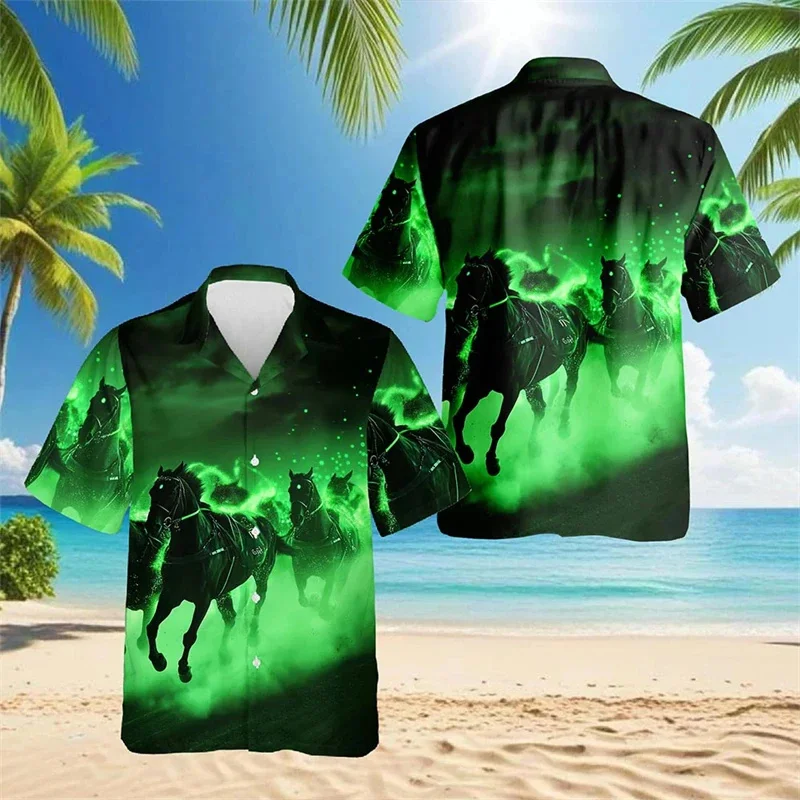 2025 Camisa Harajuku para hombre con estampado de carreras de caballos en 3D, camisa de manga corta con cuello cubano, camisa hawaiana para fiestas en la playa y Hawa