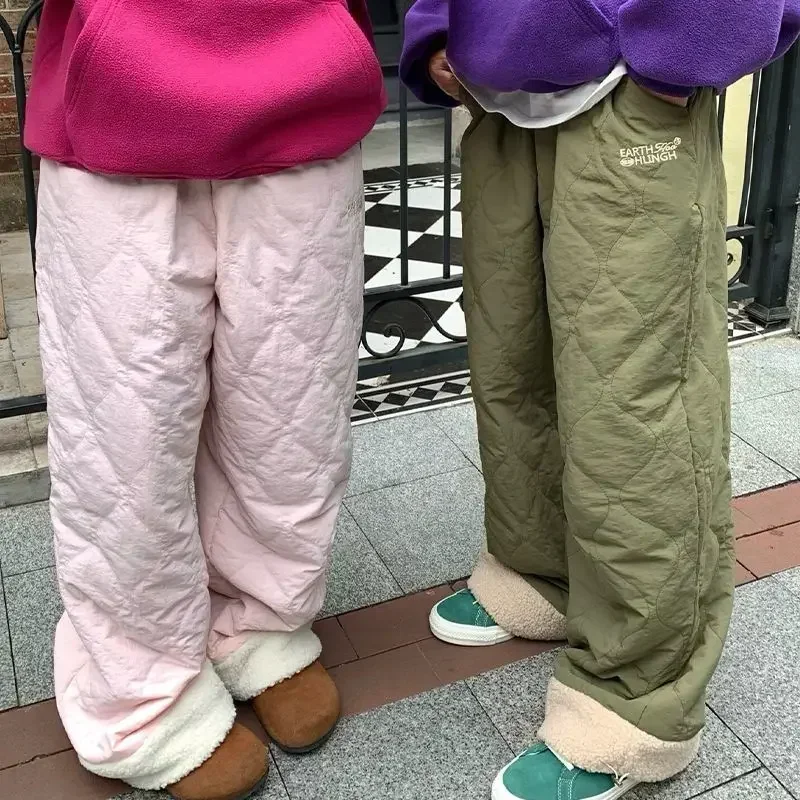 

Outdoor Fleece Women's Brushed Pants Winter Warm Korean Fashion Cute Japanese Quilted Cotton-padded Trousers Harajuku Preppy