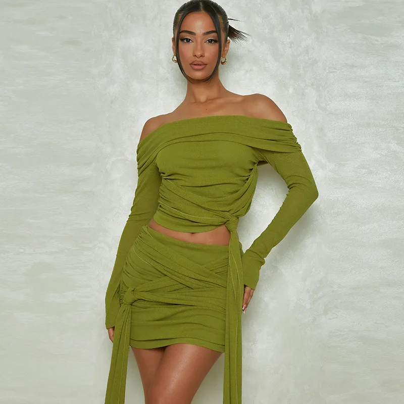 Stacked Ribbon Pleated Women's Skirt Suit Pure Green Boat Neck Long Sleeve Top Short Bandage Pants Fashionable Newest In Stock multifunctional newest wireless neck massager kneading cervical spine massage shawl trapezius muscle rechargeable protable gift