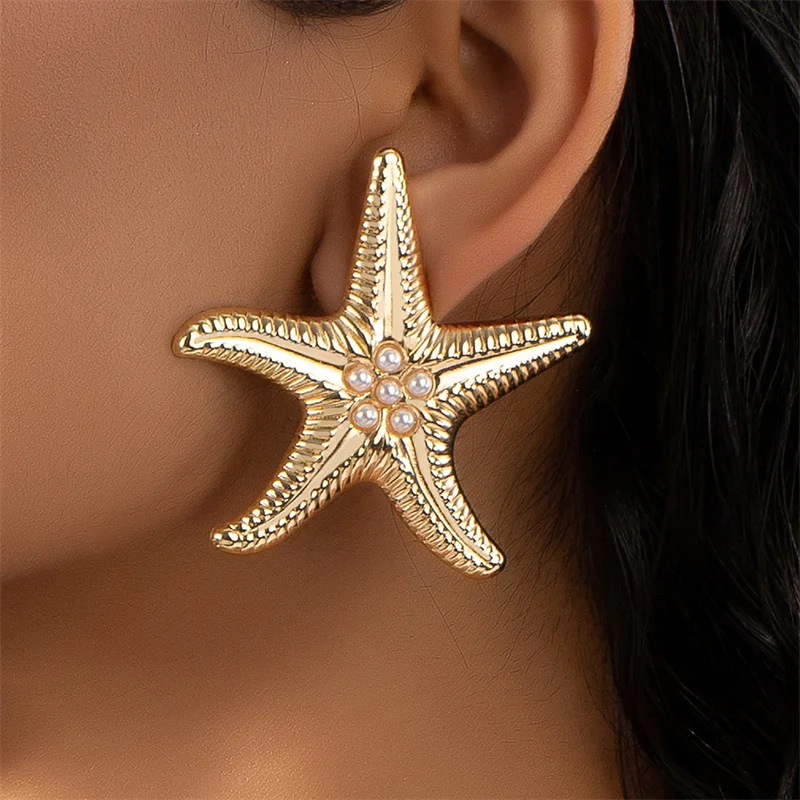 Vintage Geometric Irregular Metal Pearl Starfish Earrings For Women Personality Exaggerated Party Jewelry