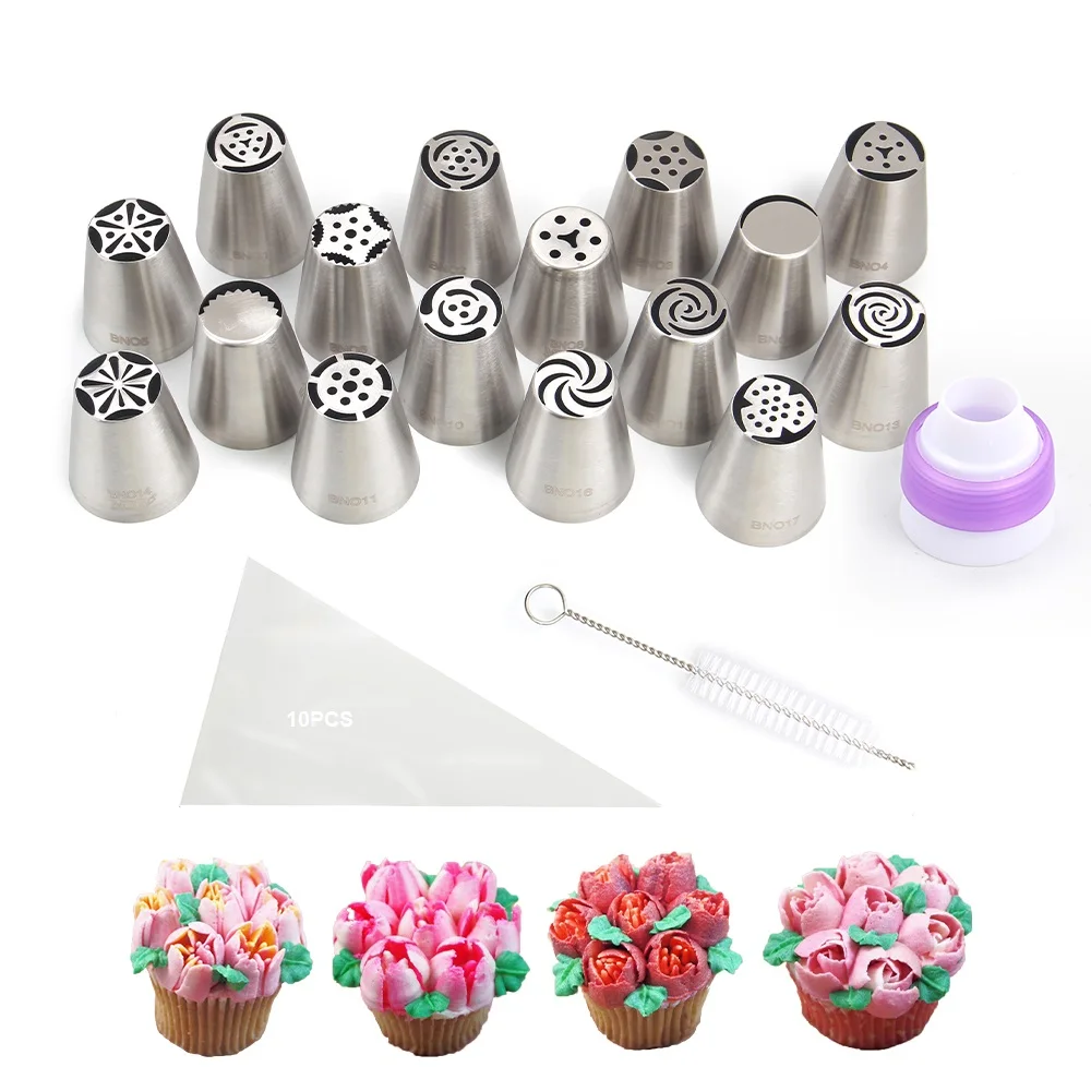 16 Pcs Stainless Steel Large Size Russian Icing Tips Set Cake Decorating Cream Flower Piping Nozzles for Baking MRF0069