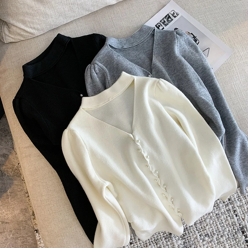 

Seoulish Autumn Winter Single Breasted Irregular Women's Pullover Sweaters Long Sleeve V-neck Knitted Sweater Slim Tops Female