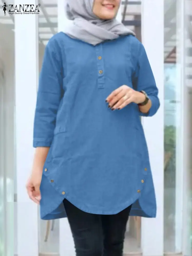 

Stylish Women Autumn Vintage Party Work Shirt Casual Loose Islamic Clothing Ramadan Tops 3/4 Sleeve Solid Muslim Blouse ZANZEA