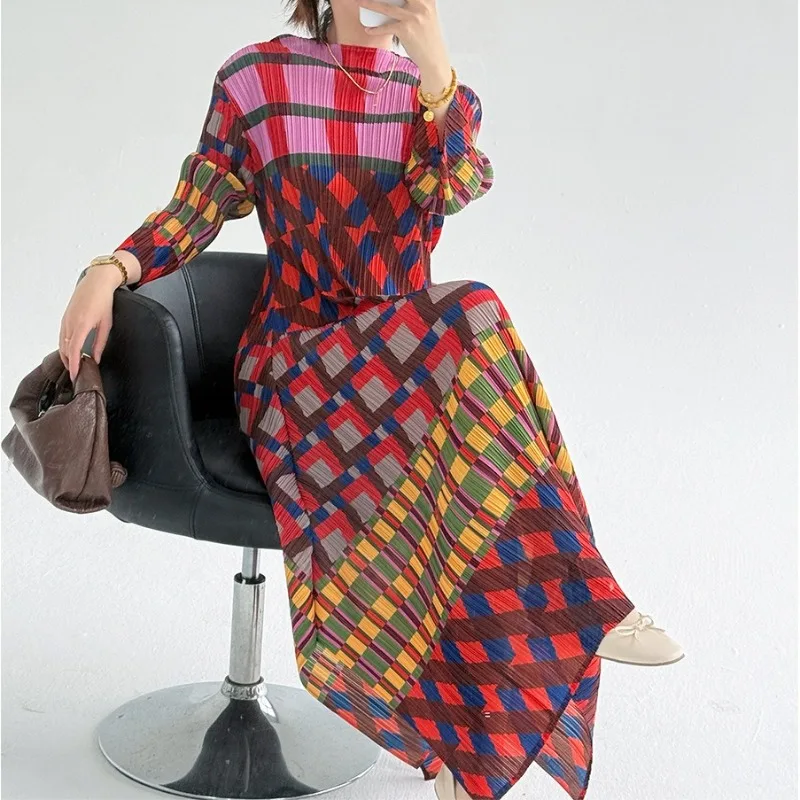 

Летнее плиссированное платье Miyake 2026: Новинка, легкое, модное, с принтом, длинным рукавом, эластичное, свободное, элегантное женское платье