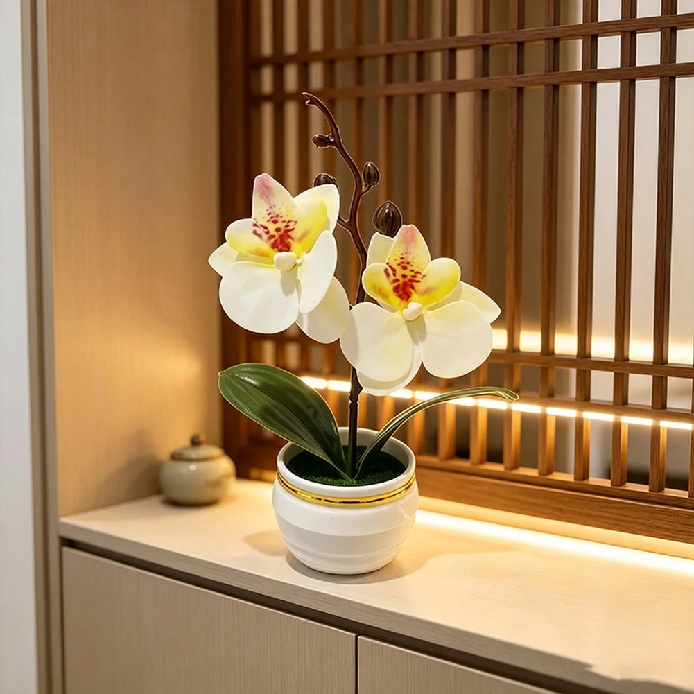 2 Flower Artificial Phalaenopsis Orchid Potted Plant Soft Rubber Butterfly Fake Flowers For Home Wedding Table Desktop Decor
