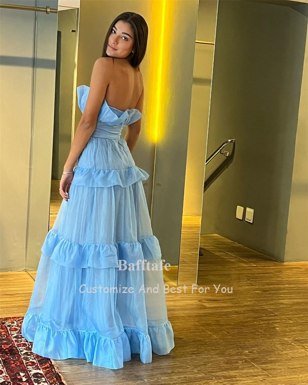 Customized Blue A Line Prom Dresses Strapless Pleated Formal Party Dress Floor Length Special Occasion Gowns Women Wear Outfit