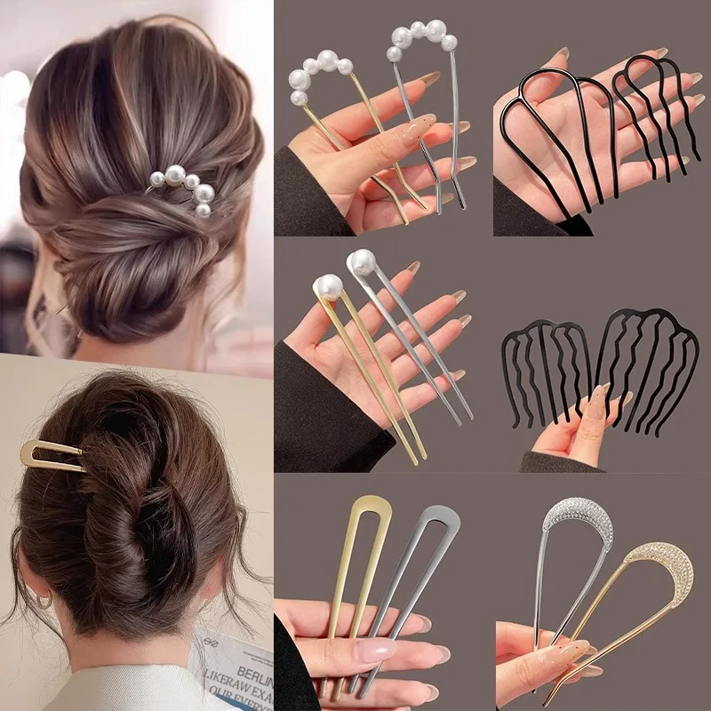 Hair Stick Alloy Bun Maker for Thick Hair Women 4-Prong U-Shape Quick Updo Tool Non-Slip Vintage Hairpin Boho Bridal Accessories