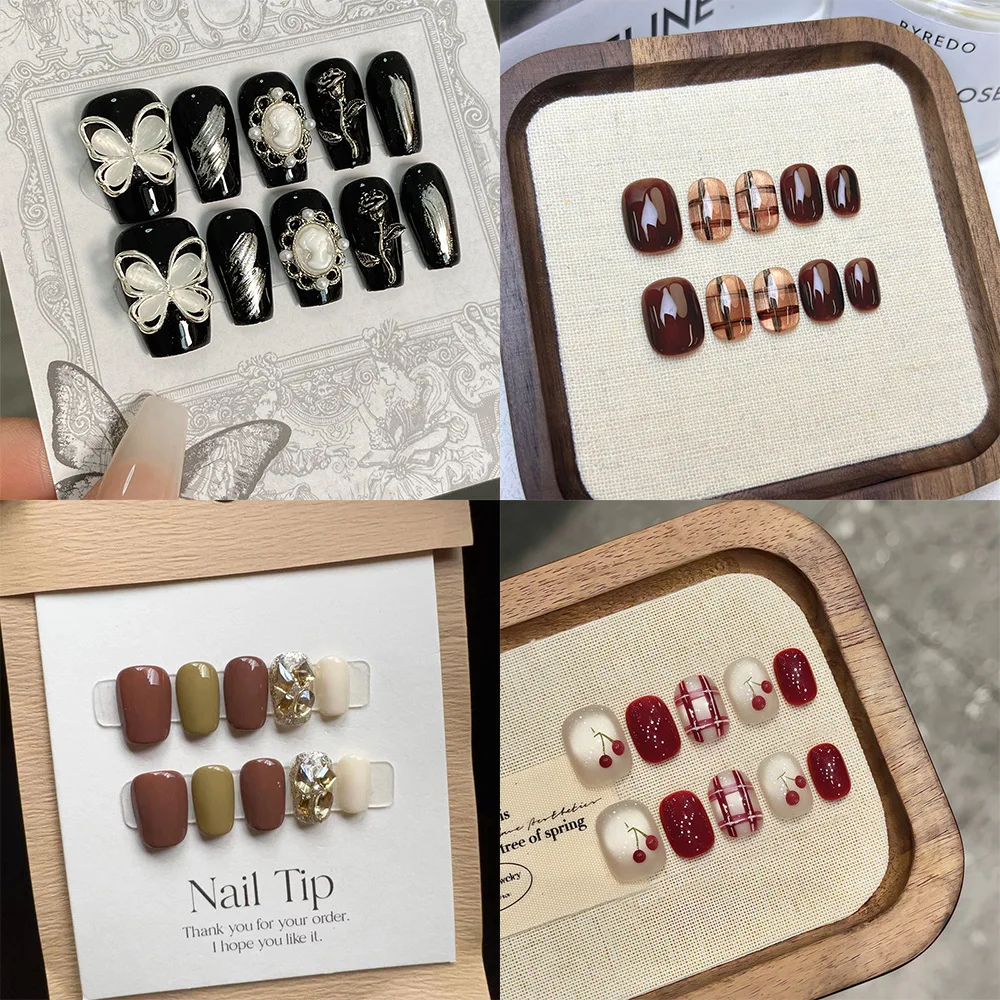 10 Stück karamellfarbene, vollflächige Press-on-Nägel, kurze, quadratisch-runde, tragbare Nägel, englischer Karo-Stil, minimalistischer Stil, künstliche Nagelspitzen