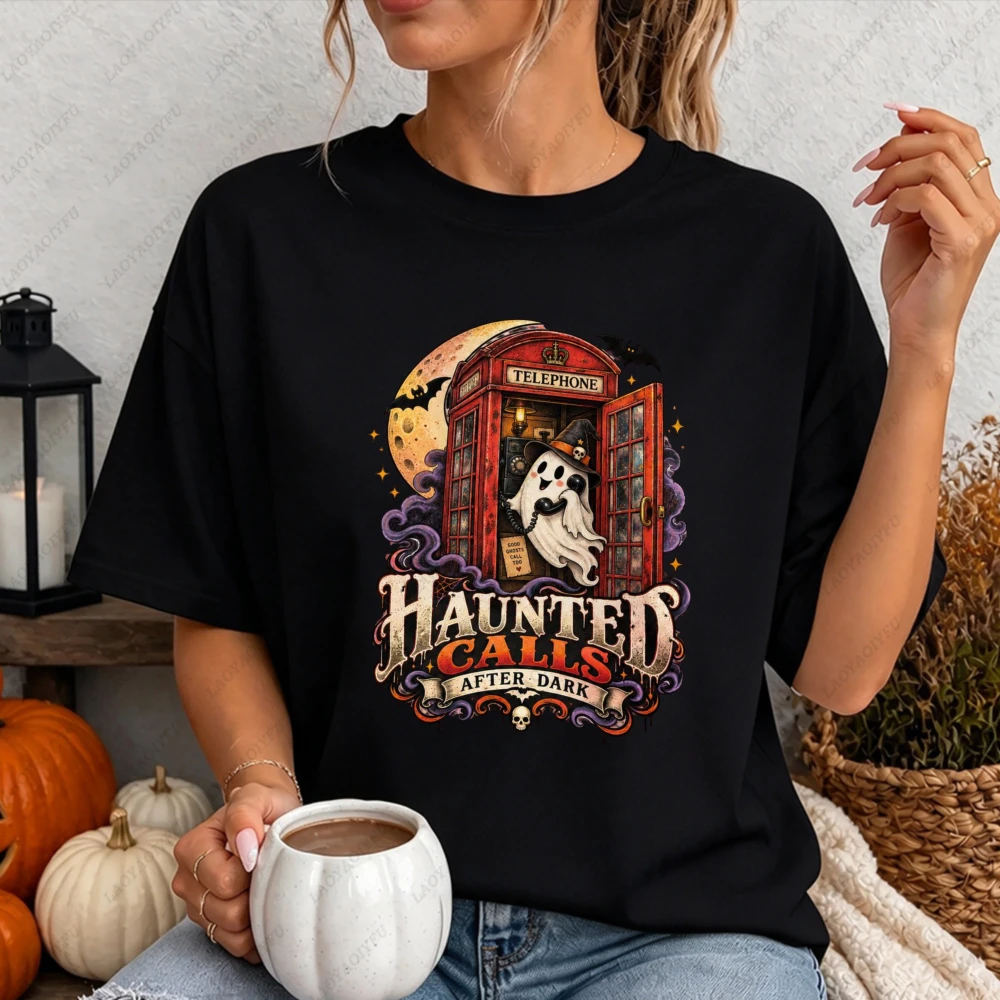 Haunted Calls After Dark Phone Booth Ghost Graphic Women Casual Short Sleeve T-Shirt Cute Funny Halloween Retro Spooky Top