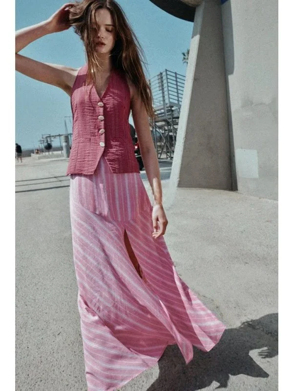 Casual Striped Loose Shirt And Midi Skirt Set Women's Fashion Spring Summer Outfit Two-Piece Ensemble Button-Up Short Length
