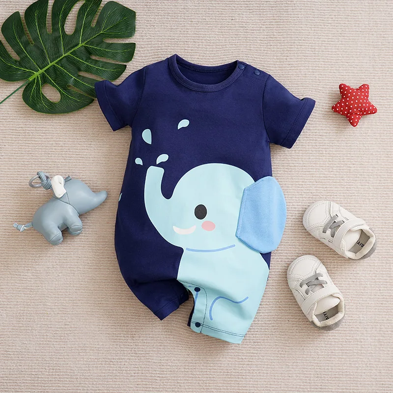 Newborn Clothes Cute Cartoon 3d Elephant Cotton Comfortable And Soft Summer Boys And Girls 0-18 Short Sleeved Baby Jumpsuit