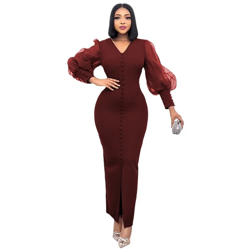 

African Dresses for Women Summer V-neck Puff Sleeve Mesh Bodycon Polyester Party Evening Long Maxi Dress Dashiki Africa Clothing