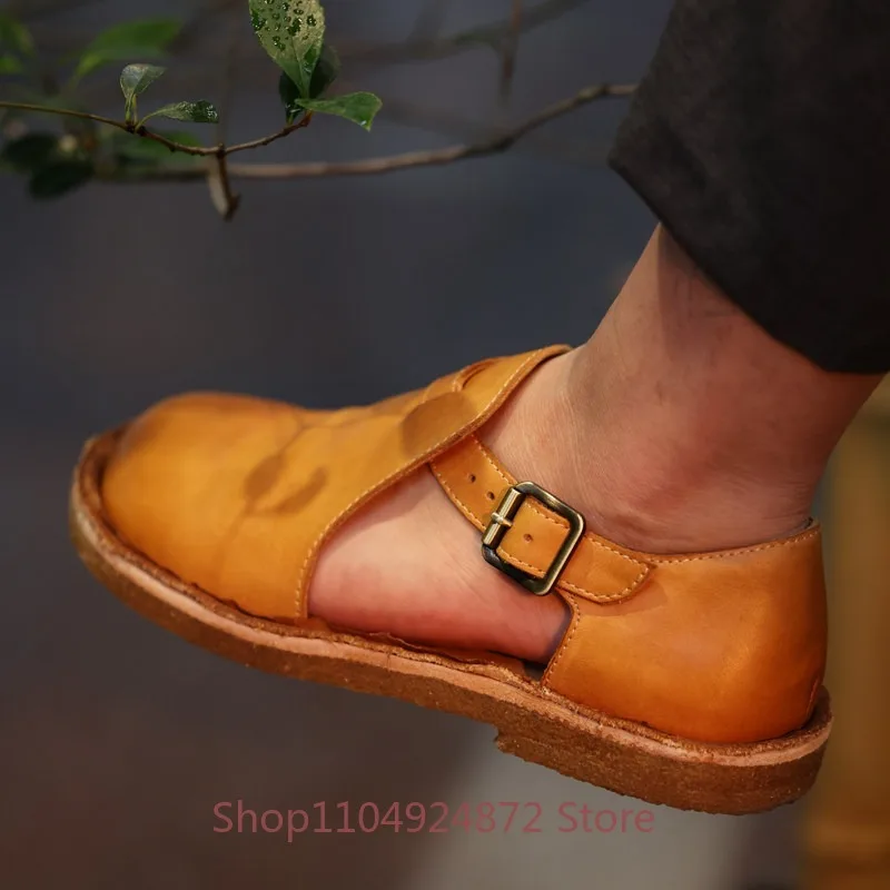 

Сандалии ручной работы из винтажной кожи растительного дубления с мягкой подошвой, унисекс, для вождения, в британском стиле, гладиаторские, пляжные, с закрытым носком