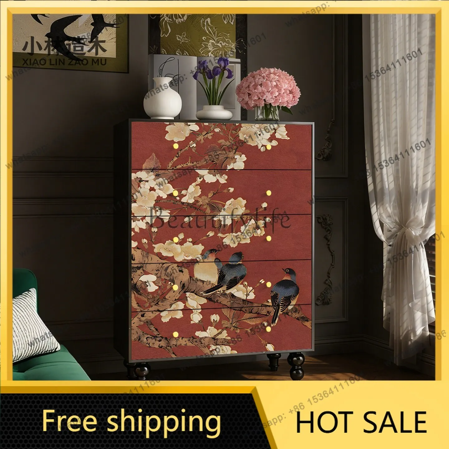 New Chinese all solid wood retro chest of drawers bedroom drawer storage locker