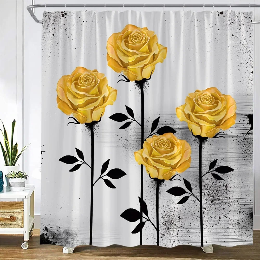 Yellow Rose Flowers Shower Curtains Black Plants Leaves Painting Art Floral Modern Fashion Woman Bathroom Decor Bath Curtain Set