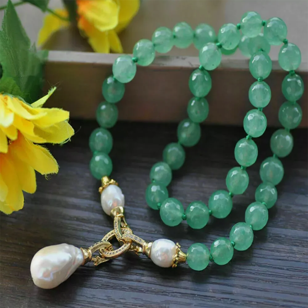 Faceted 8mm Green Jade & White Keshi Baroque Pearl Drop Pendant Necklace