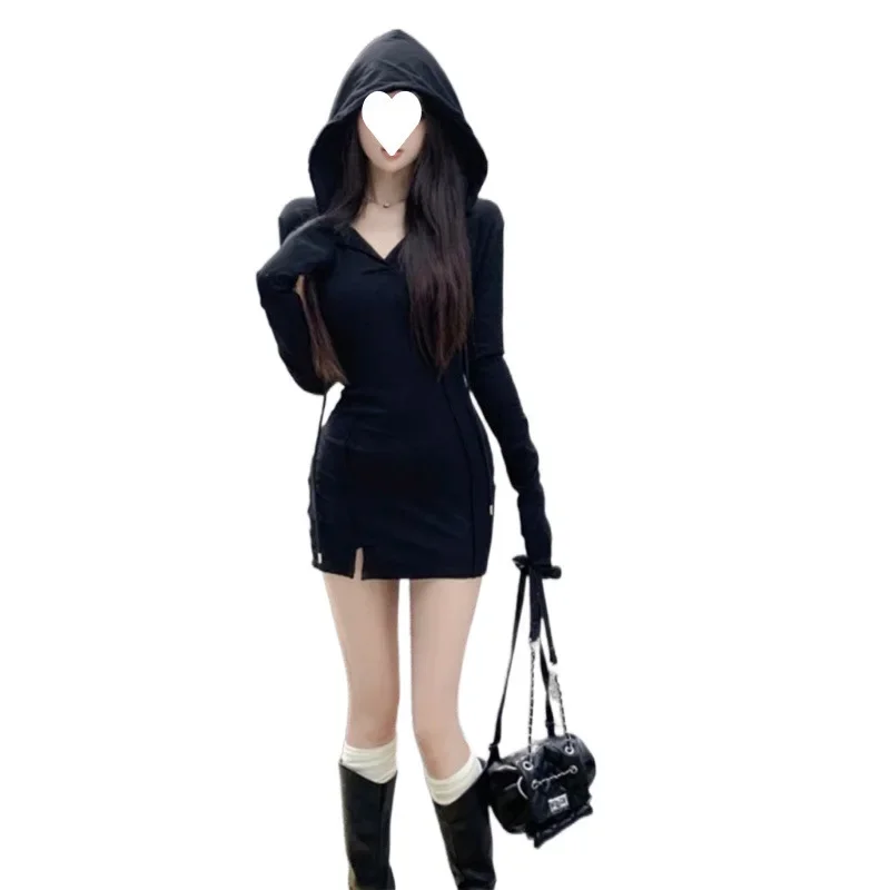 Sexy cinza manga longa com capuz vestido feminino outono inverno tamanho pequeno close fit camada base apertado envoltório em torno da saia curta