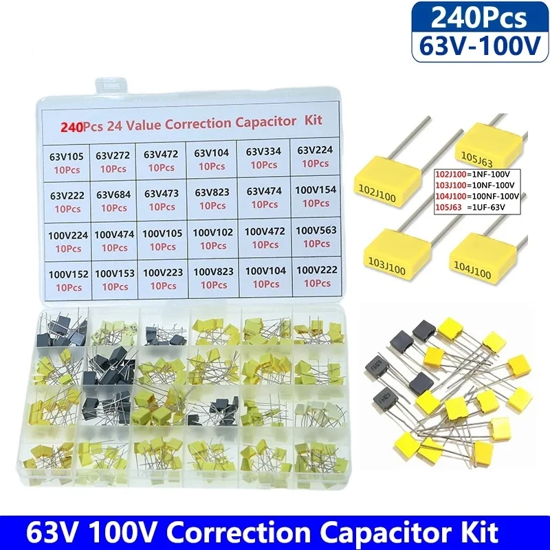 240Pcs Correction Capacitor Assorted Kit 24Values x 10Pcs 100V 102J-105J Polypropylene Safety Plastic Film Capacitors Set