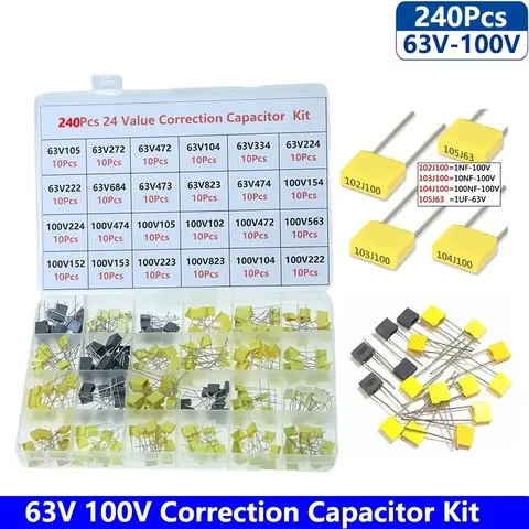 240Pcs Correction Capacitor Assorted Kit 24Values x 10Pcs 100V 102J-105J Polypropylene Safety Plastic Film Capacitors Set