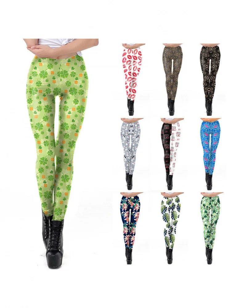 High Waist Digital Print Trousers Sexy Butt Lifting Tight Base Pants Four Leaf Clover Patterned Leggings for Halloween