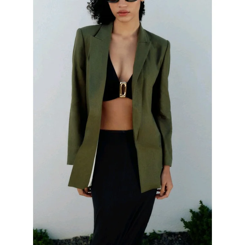 春の通勤 多用途 混紡素材 ショルダーパッド ロールスリーブ スーツジャケット パッド付き折り返し襟 春の通勤スタイル