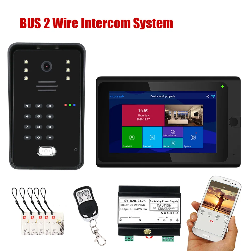 Wireless Wifi 7 Inch BUS 2 Wire RFID Video Door Phone Intercom Systems Support Remote APP Home Access Control System