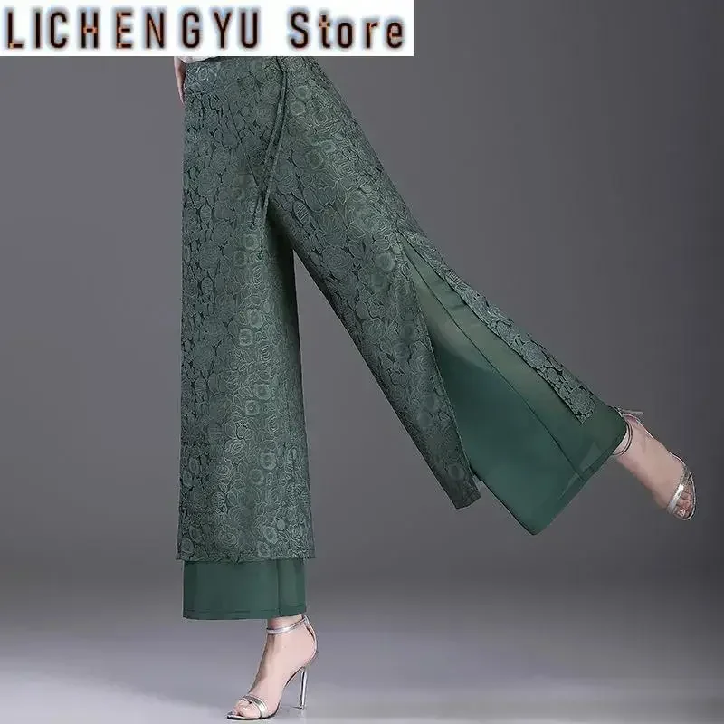 

Double Layer Jacquard Chiffon Wide Leg Pants Female Side Split Thin Pants Summer High Waist Trousers Ladies Casual pants