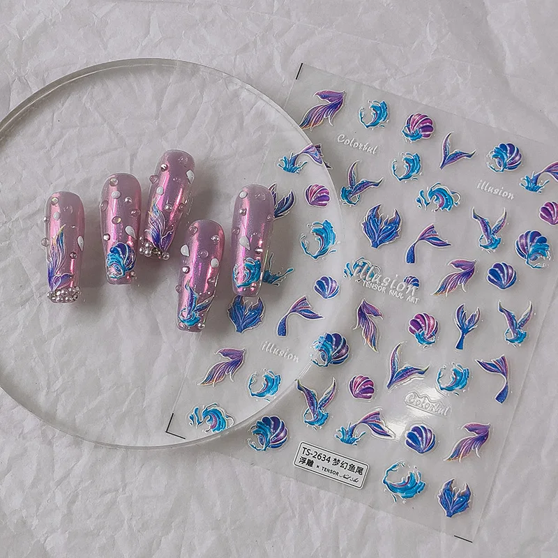 

Синие и фиолетовые наклейки для ногтей с хвостом русалки, наклейки для ногтей в океане, самоклеющиеся аксессуары для ногтей, 5D, летние Naik Art