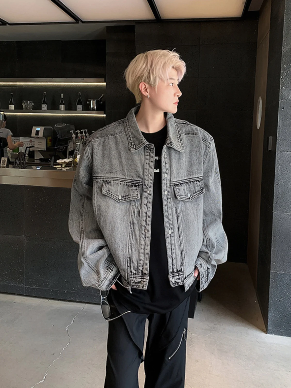 

Retro oulder Pad ort Jeans Jaet for Men Spring Autumn CleanFit Loose Workwear Casual Sle Zipper Closure Pure Color