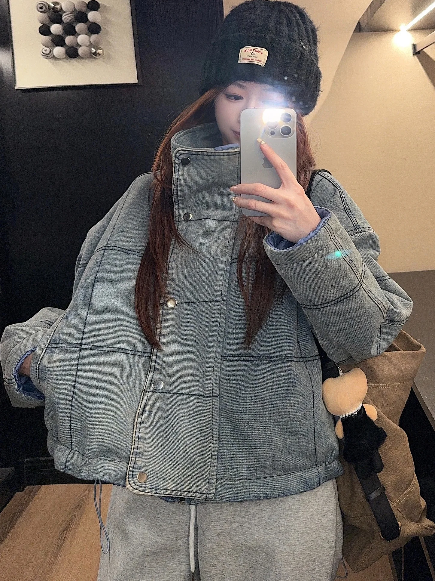 

Retro Vintage Thickened Short Cotton Jacket Women's Denim Style Stand Collar Warm Slimming Autumn Winter Fashion Outerwear