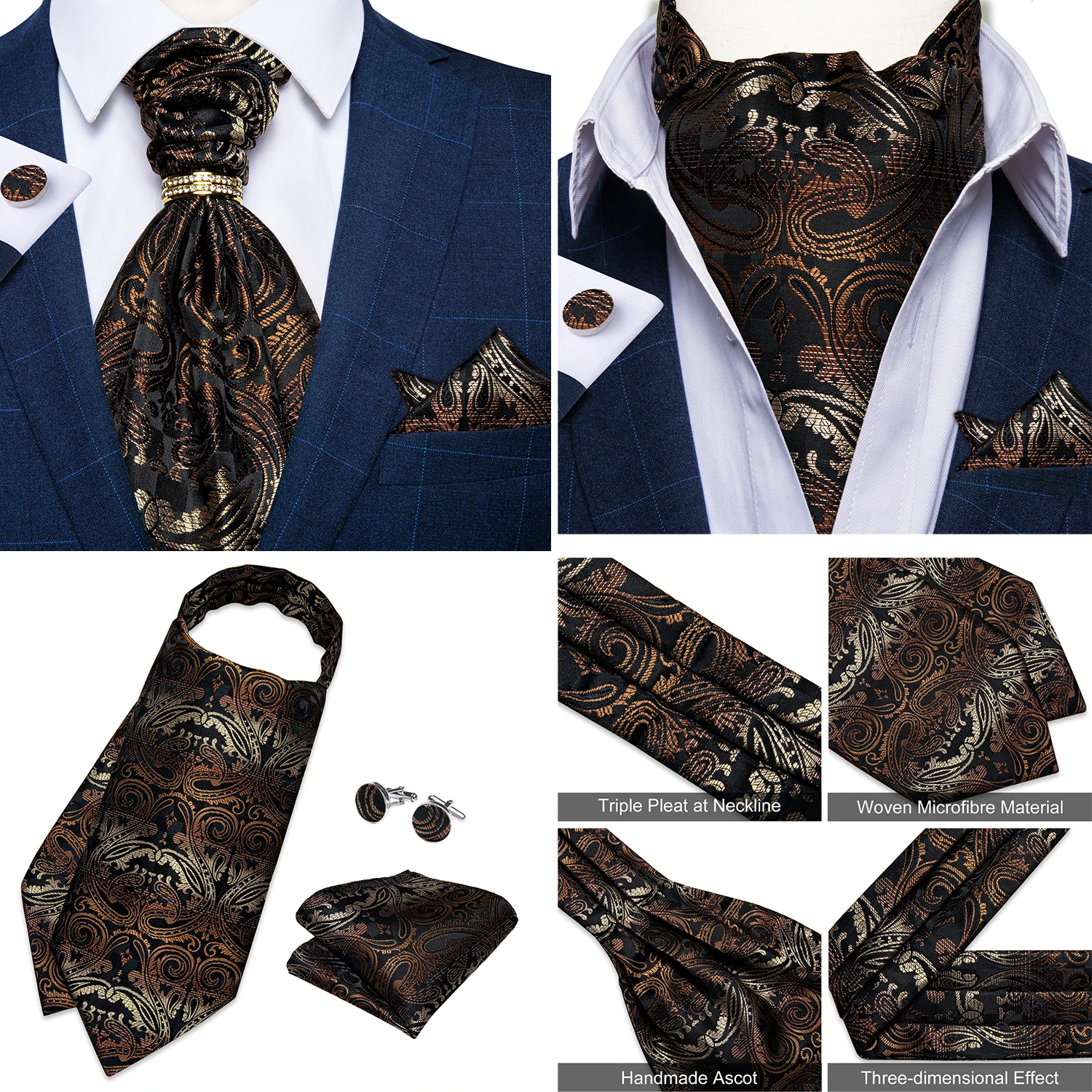 Luxury Men Green Blue Paisley Ascot Tie Set Solid Necktie Ring Wedding Party Cravat Purple Ties Pocket Sqaure Cufflink Free Ship
