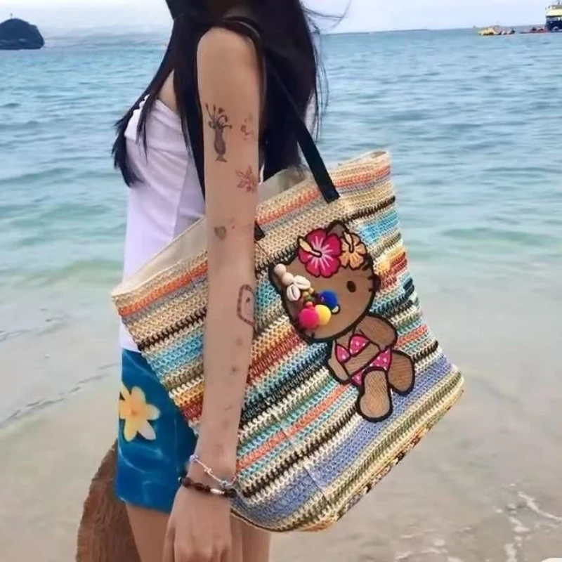 

Sanrio Fashion Color High Quality Grass Weaving Versatile Cartoon Hello Kitty Large Capacity Woven Women's Beach Handbag
