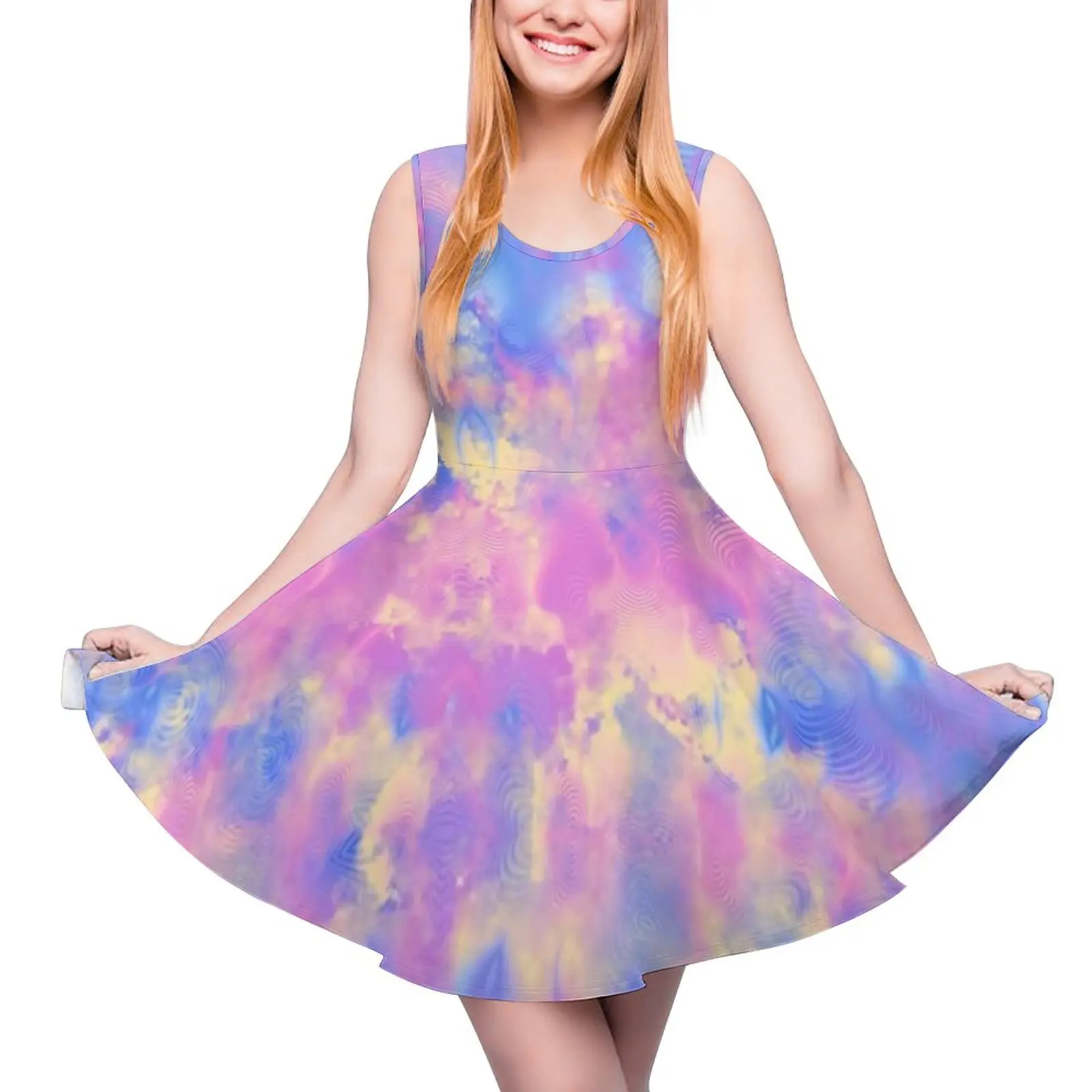 Tie Dye Texture Dress Pastel Pink Blue Yellow Cute Dresses Sleeveless Street Style Graphic Skate Dress Spring Oversized Clothing