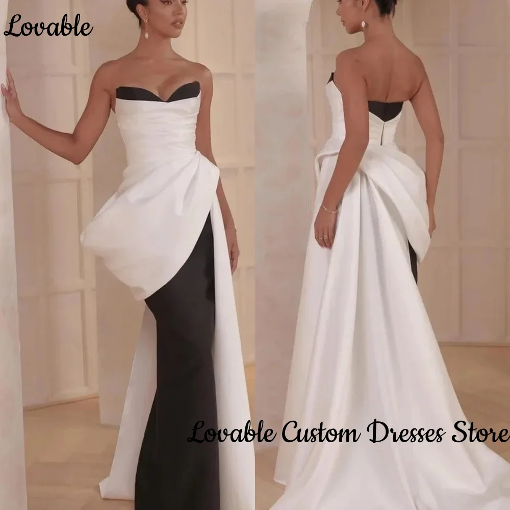 

Customized Saudi Arabian Black And White Evening Dresses Contrast Color Prom Party Gowns Strapless Sleeveless Wedding Guest Dres