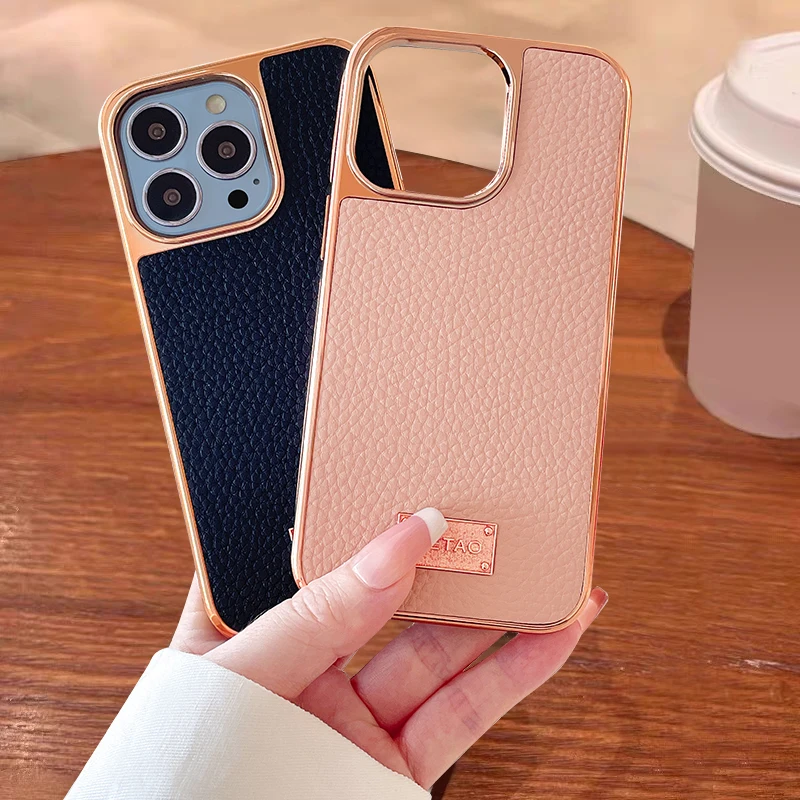 Vietao-electroplated leather phone cases for iphone 14 pro max, pebble pu leather cell phone cover for iphone 13,12,11,xr case