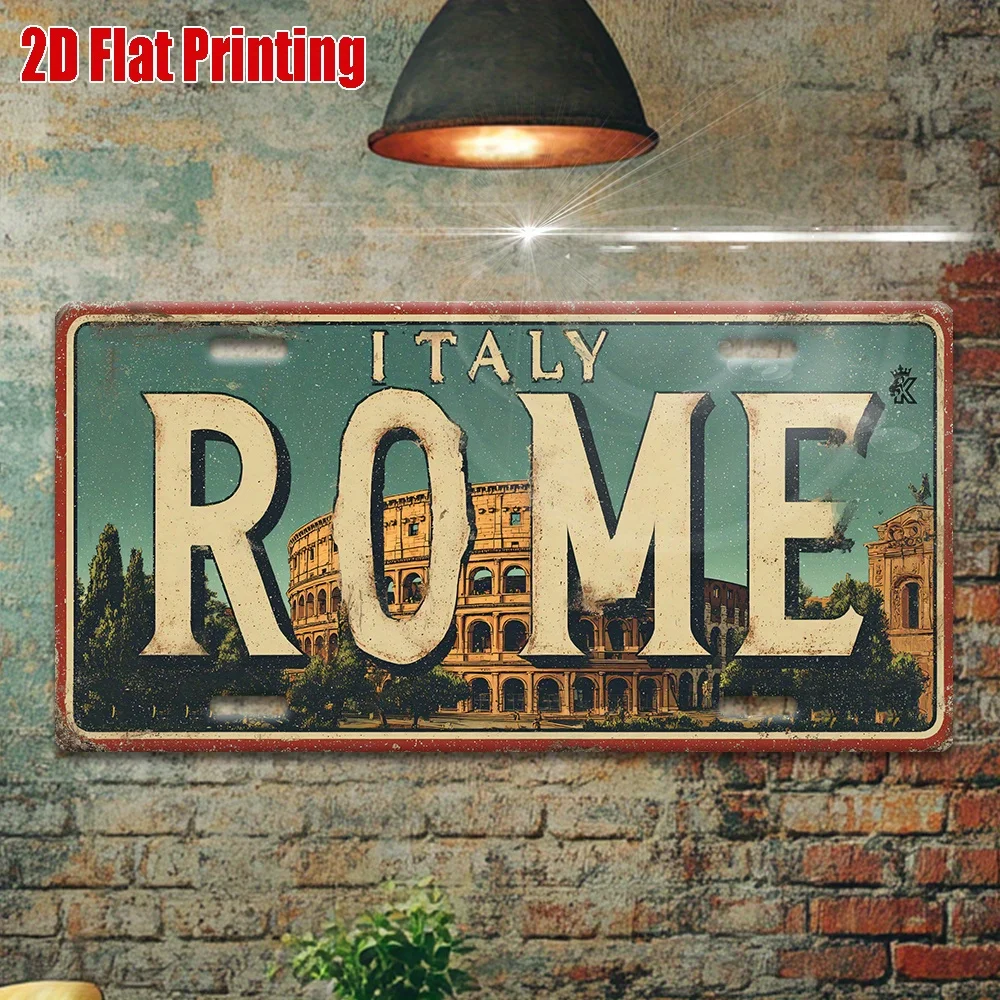 2D Flat Metal Tin Plaque 15x30cm Vintage Rome Colosseum Cityscape Iron Wall Art Bar Cafe Decorative Wall Sign